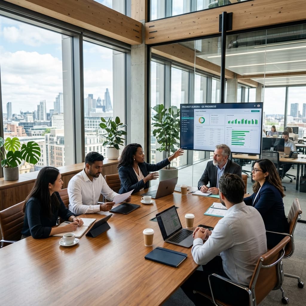 Equipe de profissionais da JP Group em reunião estratégica
